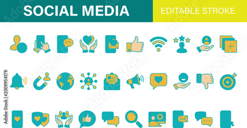 Photos Editable social media icons set in teal and yellow