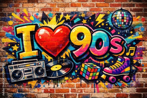 I love 90s graffiti mural with retro music icons boombox vinyl roller skate and disco vibe street art