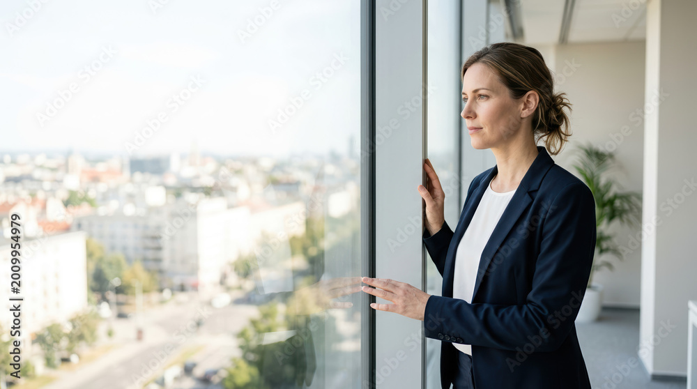 Fototapeta premium Businesswoman looking out of a high-rise office window. Professional woman contemplating strategy in a modern corporate building