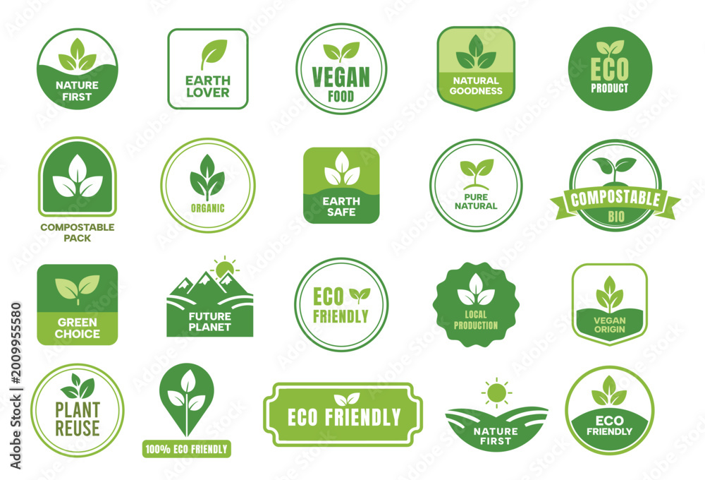 Naklejka premium Eco labels and badges vector set with organic, vegan and compostable stickers, green natural product icons for sustainable packaging, local production and eco friendly branding