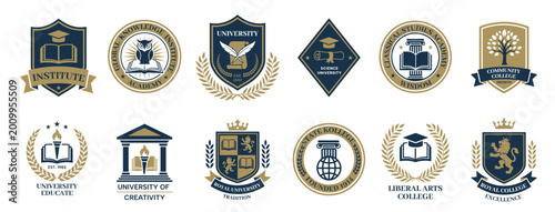 Foto University and college emblems with academic shields, badges and seals, premium