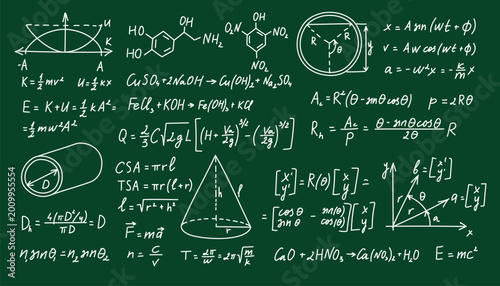 Foto Blackboard with math and science formulas, chalk handwritten equations, geometry