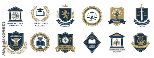 Fotografie University and college emblems with academic shields, vintage vector set of educ