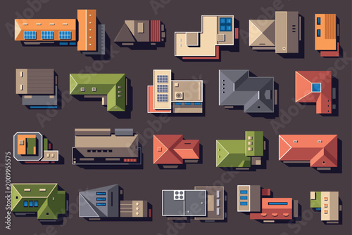 Top view buildings and houses vector set with colorful rooftops, residential homes and urban architecture icons, overhead collection of property, warehouse and factory exteriors