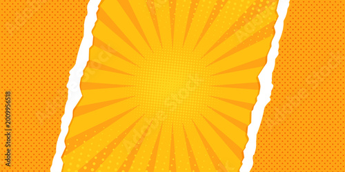 Orange pop art background decorated with color halftone, dots, rays and ripped paper. Vector illustration