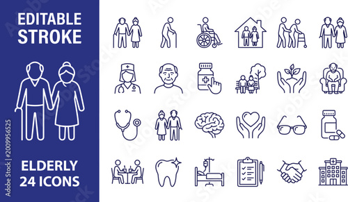 Elderly line icon set. Nursing home, hospital, medical, senior citizens. Editable stroke. Colored vector illustration