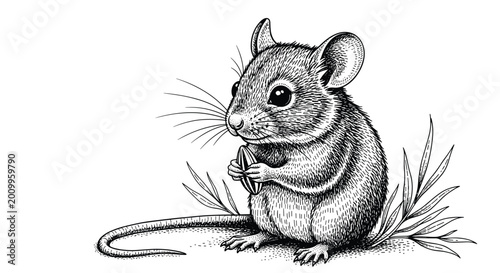 Detailed black and white engraving of a cute little field mouse sitting and holding a grain seed between its tiny paws.
