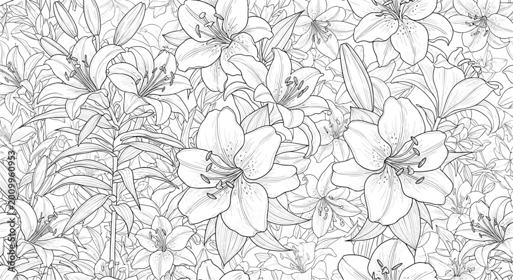 Fototapeta premium Intricate seamless floral pattern featuring a dense arrangement of detailed lily blossoms in black and white line art.