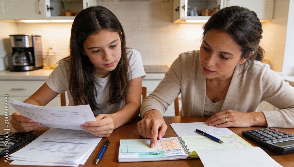 Fototapeta premium Pointing mother guiding daughter studying paperwork at kitchen table, with planner and calculators