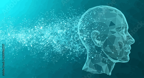 AI concept of a human head dissolving into digital particles against a teal background symbolizing artificial intelligence and data transformation