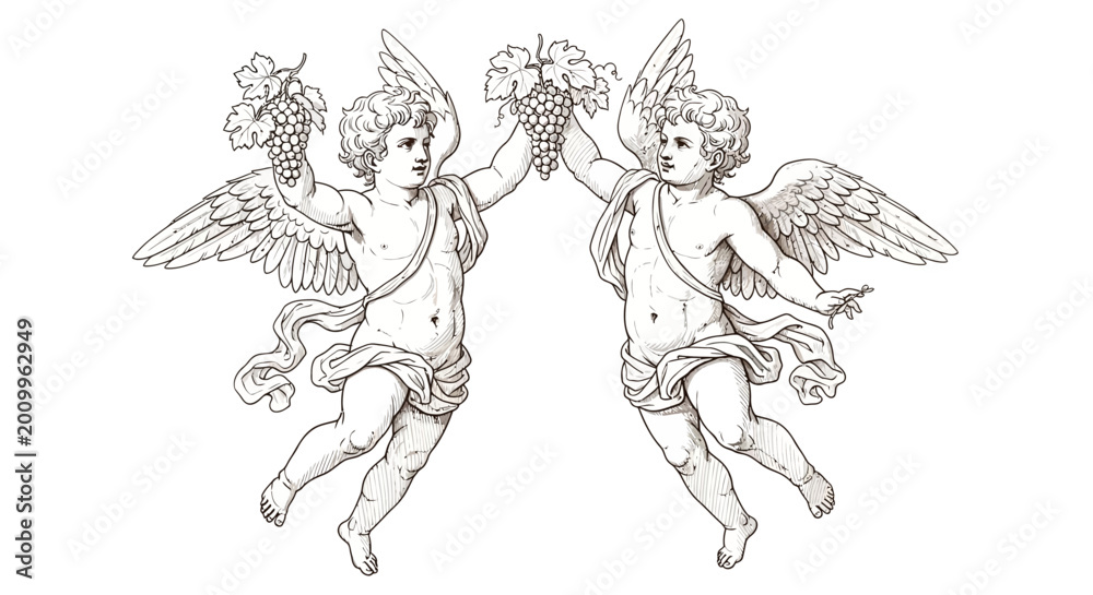 Fototapeta premium Two cherubic figures in a classic illustration, holding floral arrangements overhead, designed for decorative purposes and artistic expression