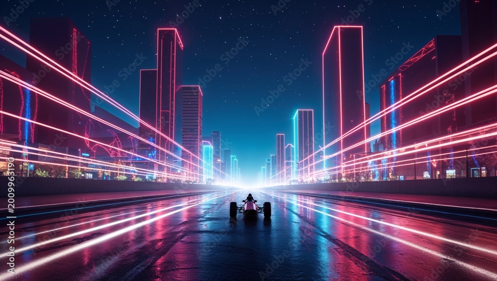 Obraz premium Panoramic Neon City Night Street Race Light Trails
