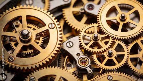 Rotating brass gears interlocking in macro close-up of watch movement, with coiled hairspring