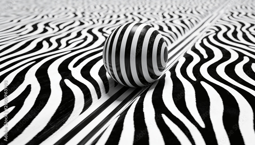 Naklejka premium Sitting glossy concentric-ring sphere casting soft shadow on studio tabletop with patterned stripes