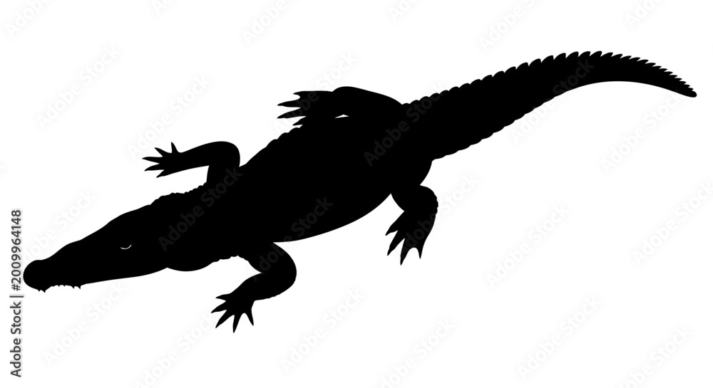 Obraz premium Crocodile silhouette vector, black alligator profile isolated on white background, predatory reptile graphic, wild swamp animal icon for logo design