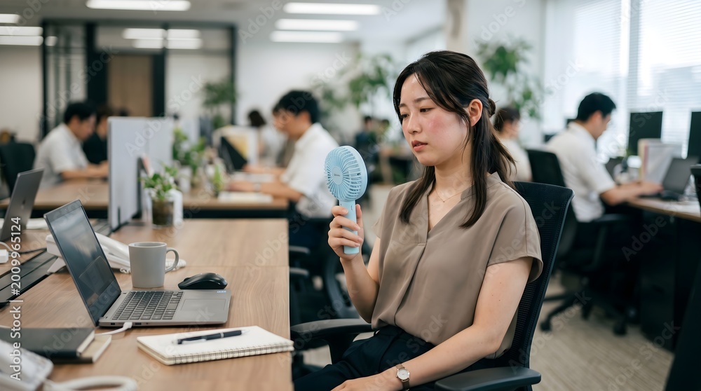Fototapeta premium Young East Asian woman seeking relief from office heat using portable handheld fan while working at wooden desk in modern professional workspace