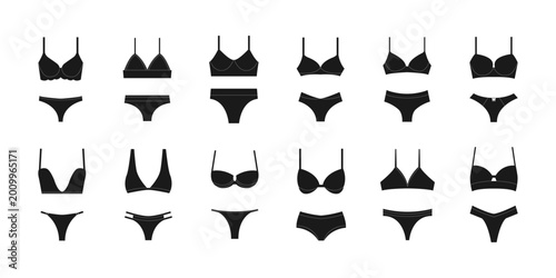 Tableau sur toile Black lingerie silhouettes collection with various bra and panties styles minima