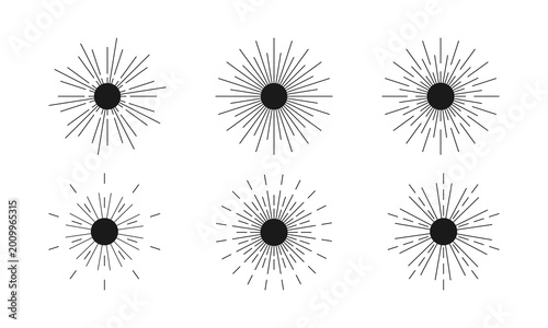 Black sunburst icon set with thin radial rays geometric solar symbols collection for logo branding tattoo and minimalist design