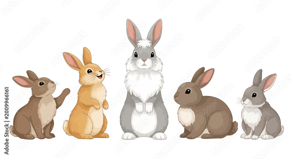 Fototapeta premium Cute bunny vector set, five cartoon rabbits in various poses, brown and grey fluffy bunny characters for Easter and spring designs, isolated animal illustrations