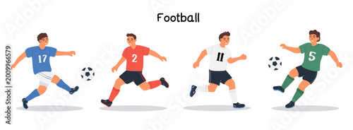 Football players in action, soccer athletes kicking the ball, championship concept