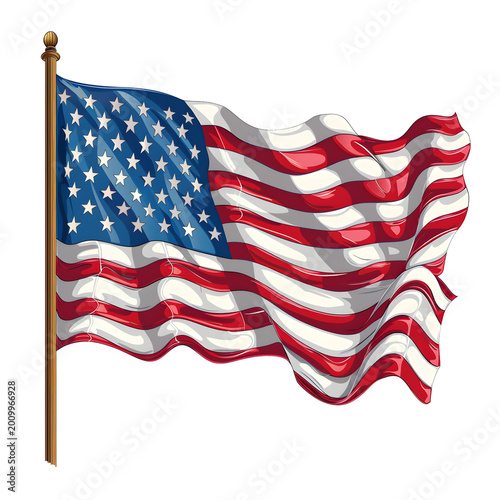 The American flag flutters in the wind atop a flagpole. The red, white, and blue colors are bright under the sun. People walk by in a bustling area, enjoying the day