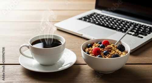 A bright morning scene on a rustic wooden desk with a white ceramic cup of hot coffee, a bowl of granola, and a sleek open laptop device, food, sunshine, wooden
