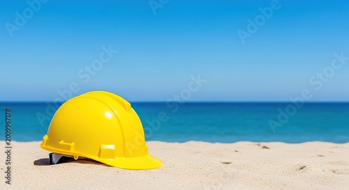 A bright yellow hard hat sits on a soft sandy beach, framed by the deep blue ocean and a cloudless sky, blending industry and relaxation, summer, vacation, seaside
