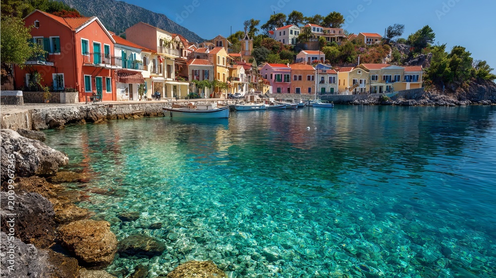 Fototapeta premium Assos village in Kefalonia, Greece lies by the sea.
