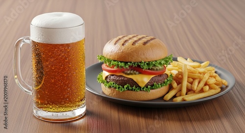 A cold glass of golden lager with white foam sits on a wooden table beside a ceramic plate featuring a delicious hamburger and crispy fries, plate, delicious, food