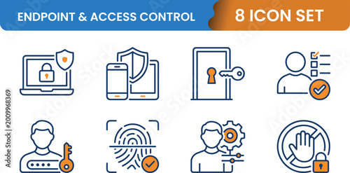 8 Endpoint access control linear icon set laptop shield smartphone key fingerprint, UI and web interface design