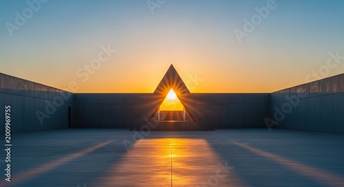 A glowing orange sun rises behind a sharp triangular concrete frame, casting soft shadows across a smooth, empty architectural courtyard, abstract, wall, aesthetic