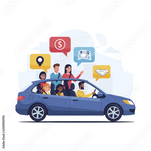 Group of diverse people carpooling together in a blue vehicle with navigation and finance icons.