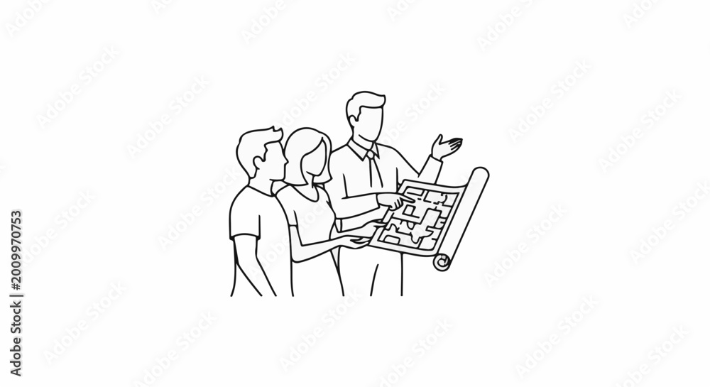 Naklejka premium Three people review a blueprint for a house design