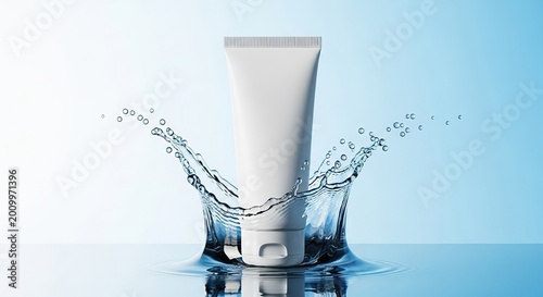 A minimalist white cosmetic tube is captured amidst a dynamic splash of crystal clear water, representing hydration and skincare purity, splash, organic, hydration