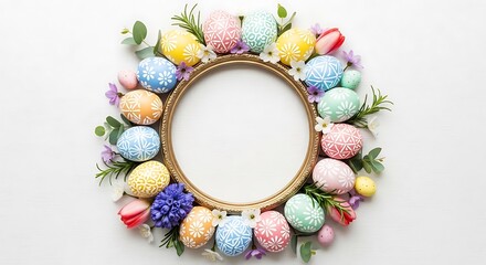 Easter egg wreath with spring flowers and wooden frame, pastel colored eggs on white background, festive holiday border with copy space