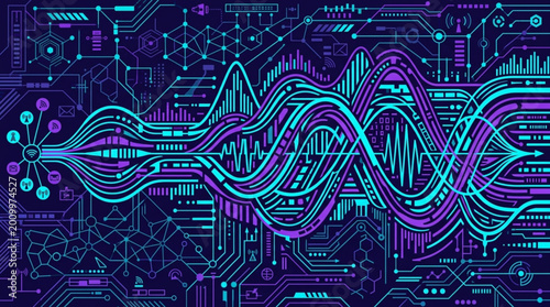 Foto Vibrant purple blue circuit waveform pattern.