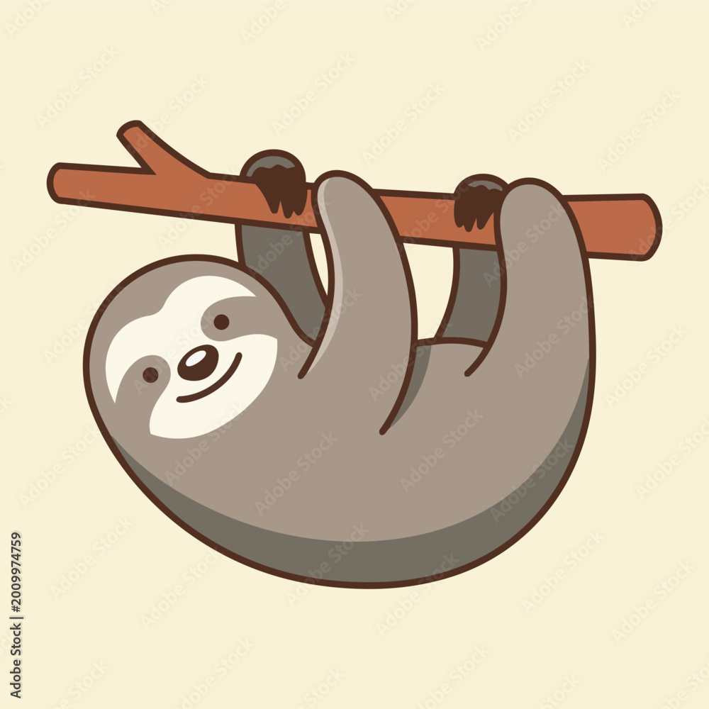 Obraz premium Cute sloth hanging on a tree branch vector illustration in cartoon style