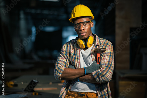 Industrial Worker Portrait Standing Confident In Workshop With Arms Crossed Showing Professional Skilled Tradesman Identity In Carpentry And Manufacturing Environment