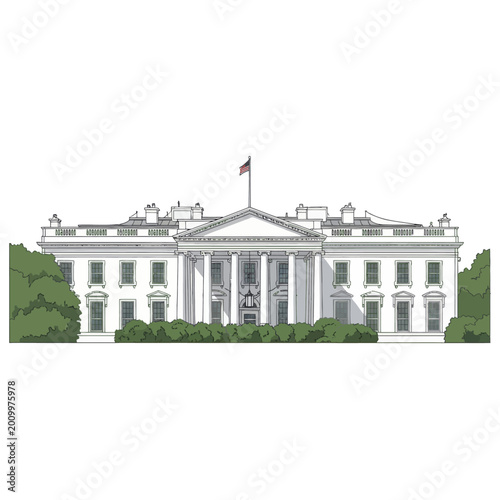 Hand drawn illustration of the White House in Washington DC.