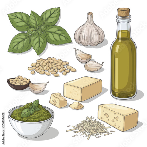 Hand Drawn Pesto Ingredients Illustration Set.