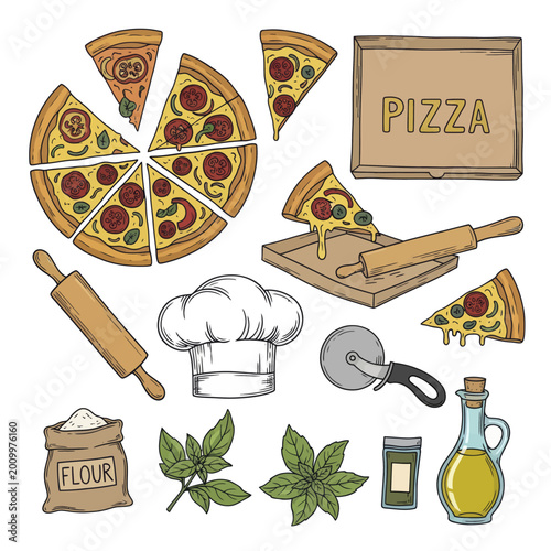 Hand Drawn Pizza Making Ingredients and Tools Illustration Set.