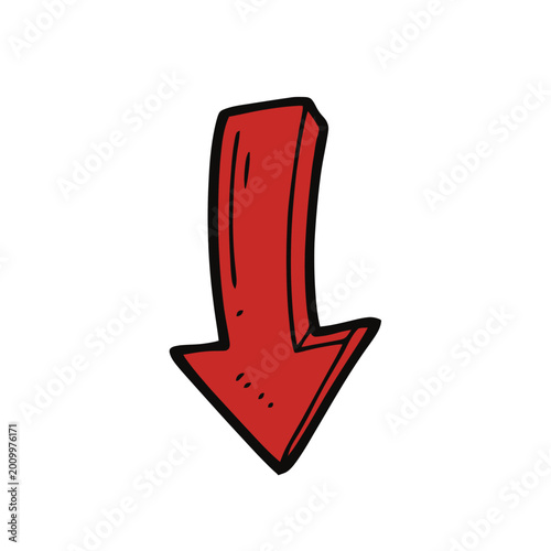 Hand drawn red arrow icon pointing down isolated on white.