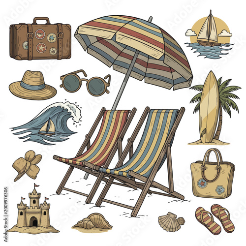 Hand Drawn Summer Beach Vacation Elements Set.