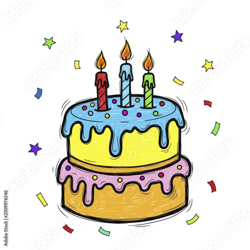 Hand drawn two tiered birthday cake illustration with colorful candles and confetti.