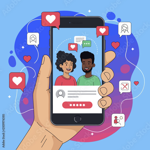 Hand holding smartphone displaying social media app with diverse couple profile.