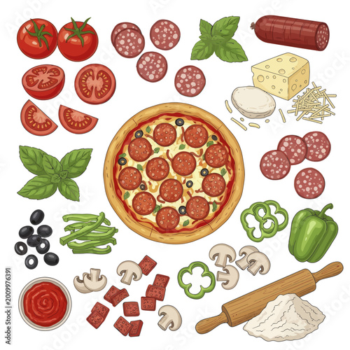 Hand Drawn Pizza Ingredients Set with Pepperoni Pizza.