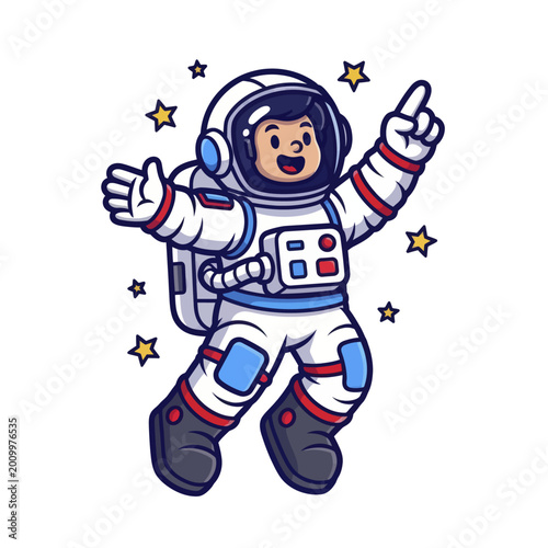 Happy cartoon astronaut floating in outer space pointing up.
