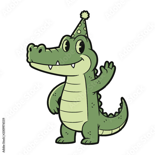 Happy Cartoon Crocodile Character Wearing a Party Hat.