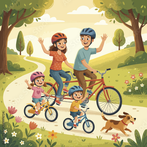 Happy family cycling together in a sunny park with their pet dog.