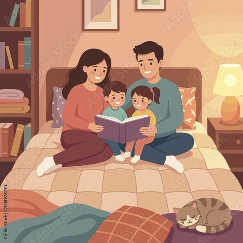 Happy family reading a book together in bed.
